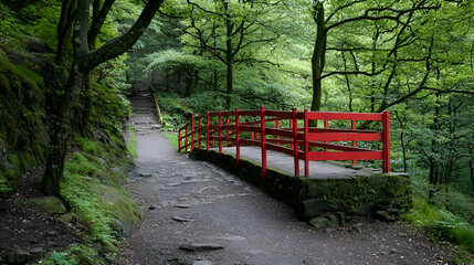 Red Bridge on a Forest Path