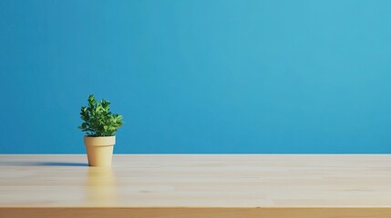 A small potted plant sits atop a wooden surface and wall
