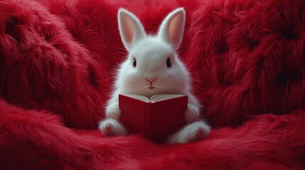 Obraz premium White bunny reading book on red fur