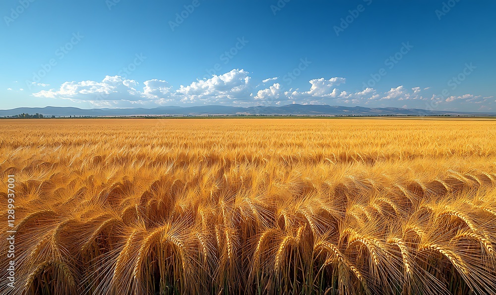 Poster golden wheat field under a clear blue sky with distant mountains and fluffy clouds.