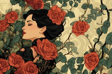 Elegant Female Portrait Surrounded by Lush Roses and Art Nouveau Inspired Floral Design