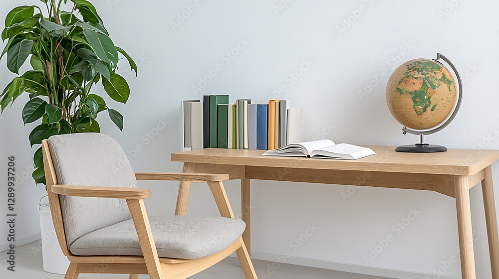 Poster modern workspace setup with globe and books in minimalist office environment