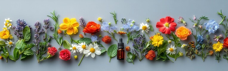 Colorful Arrangement of Fresh Flowers and Natural Ingredients for Beauty and Wellness Products on a Gray Background