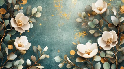 A decorative floral design featuring white flowers and green leaves on a textured background.