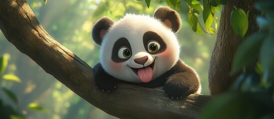 Obraz premium Adorable baby panda cub playfully hanging on a tree branch in a lush green forest, sticking its tongue out.