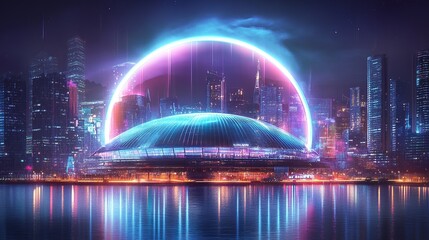 Futuristic stadium at night, city skyline