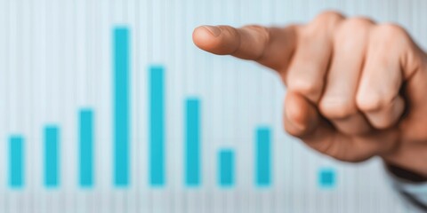 investor opportunity stocks successful concept. A hand pointing at a bar graph, representing data analysis and growth in a business or financial context.