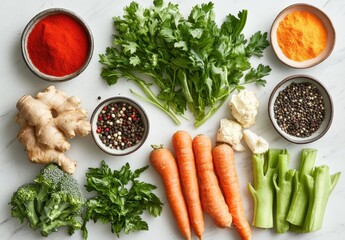 Colorful Arrangement of Fresh Vegetables and Spices on a Marble Background for Culinary Inspiration and Healthy Cooking Ideas