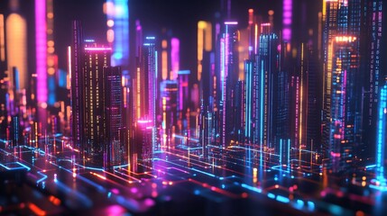 Obraz premium Futuristic city with vibrant neon lights creating a dazzling skyline view