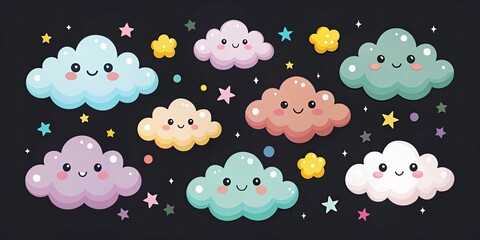 Fototapeta premium Cute Cartoon Clouds, Flat Design, Night Sky, Low Light, Illustration, Digital Art, Cloud Set