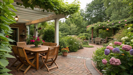 Obraz premium A picturesque backyard garden with a brick pathway, wooden table and chairs, and an abundance of colorful flowers and plants, creating a tranquil outdoor retreat
