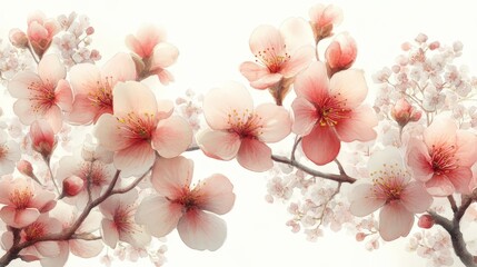 A delicate arrangement of cherry blossoms in soft pink hues against a light background.