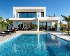 Modern villa, pool, sunny day, hills