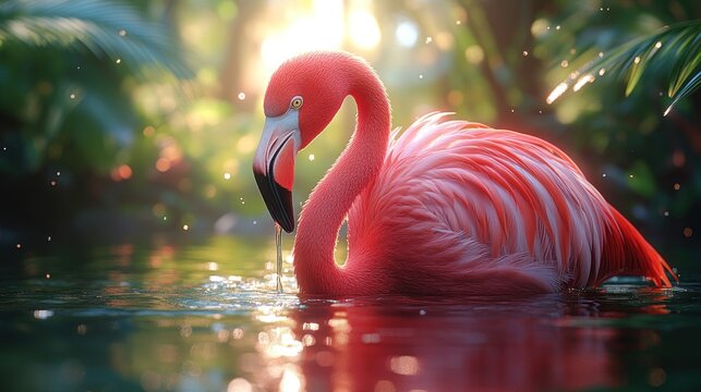 Pink Flamingo in Tropical Pond at Sunrise