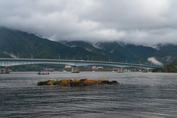 Kawaguchiko-ohashi Bridge over Lake Kawaguchi (Kawaguchi-ko, Estuary Lake) and Oike Park in the...
