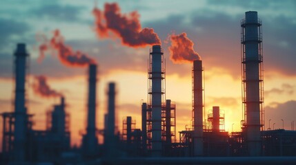 Obraz premium Silhouette of industrial cranes concept. Industrial Construction Site with Smoke Plumes at Sunset