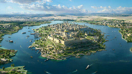 Fototapeta premium Aerial View of an Ancient Coastal City with a Large Dome and Fortified Walls