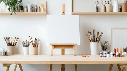 Art studio setup with brushes and canvas creative space interior design minimalist style