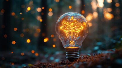 Light bulb with a glowing filament illuminated against a dark background