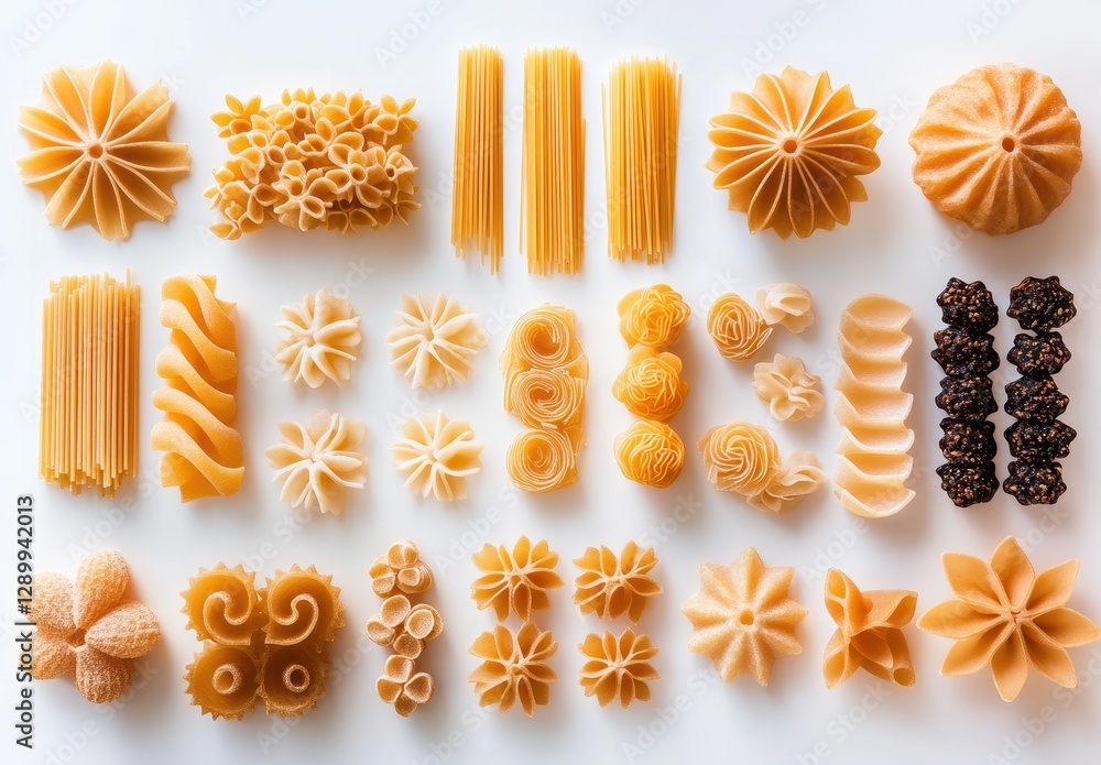 Poster colorful array of uncooked pasta shapes arranged aesthetically on a white background for culinary an