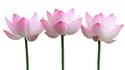 Fototapeta premium Three pink lotus flowers, isolated on white background, nature serenity, ideal for spa or meditation