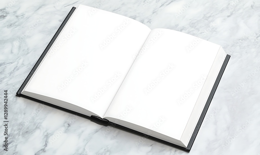 Aufkleber blank open notebook on a marble surface ready for notes or sketches.