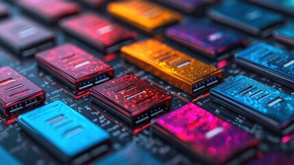 Colorful USB charging ports on circuit board