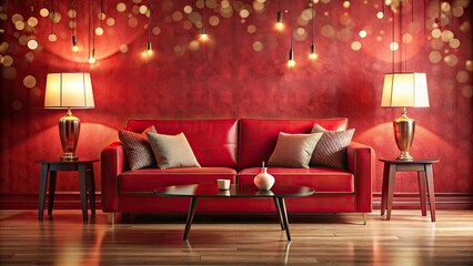 Elegant Red Living Room Interior Mockup with Bokeh Effect - Stylish Sofa, Table Lamp, and Spacious Copy Space for Design Projects and Home Decor Inspiration