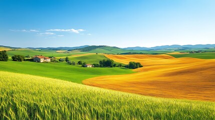 Fototapeta premium Vibrant rural landscape with rolling hills, green fields, and a clear blue sky.