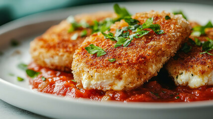 Fried mozzarella with tomato sauce on white plate, generative AI