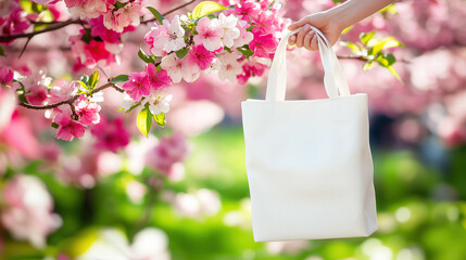 Woman hand hold white cotton tote bag mockup near a bloom branch tree with spring flower against the background of nature in the park. Eco shopper with space for text or design.