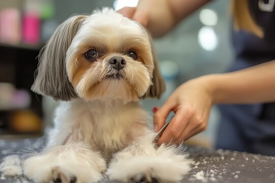 A groomer carefully trims the fur around a cat&rsquo;s face, shaping it neatly, The cat sits still, watching the scissors move, Generative AI 
