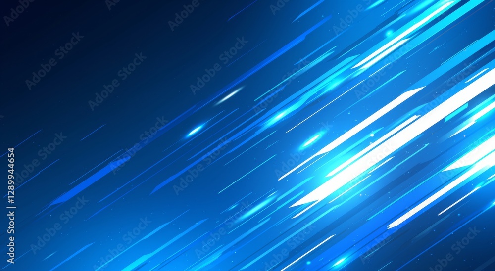 Poster blue rays of light background with white lines and speed effect on a dark black background.