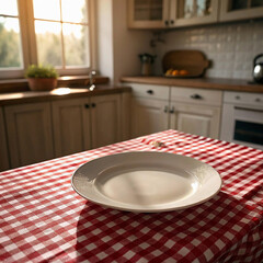 A simple yet inviting kitchen setup with a white plate on a red and white checkered tablecloth, complemented by a sunlit window and a bowl of fruit on the counter