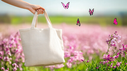 Woman hand hold white tote bag mockup on blurred background of summer field with many pink flower. Eco-friendly shopper with space for text or design. Beautiful pink butterflies are flying around.