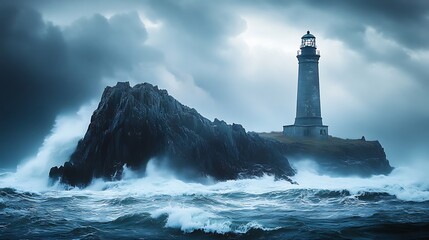 A dramatic lighthouse stands on a rocky island amidst stormy seas and dark clouds.