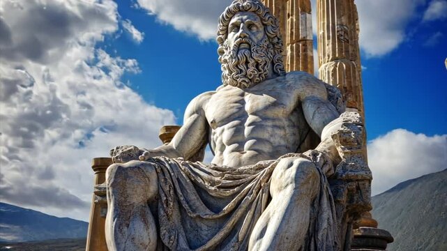 Statue of sitting Zeus in ancient Greece with city ruins at background. Greek Gods and mythology, figure of Heracles 