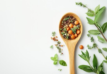 Colorful assortment of spices and herbs on a wooden spoon with fresh herbs spread on a plain background for culinary and cooking inspiration