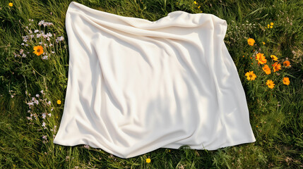 White fabric blanket or bedspread mockup with space for text lies on green grass with wild flowers in a field on a summer sunny day. Spring mood and atmosphere. Cotton plaid with folds in nature.