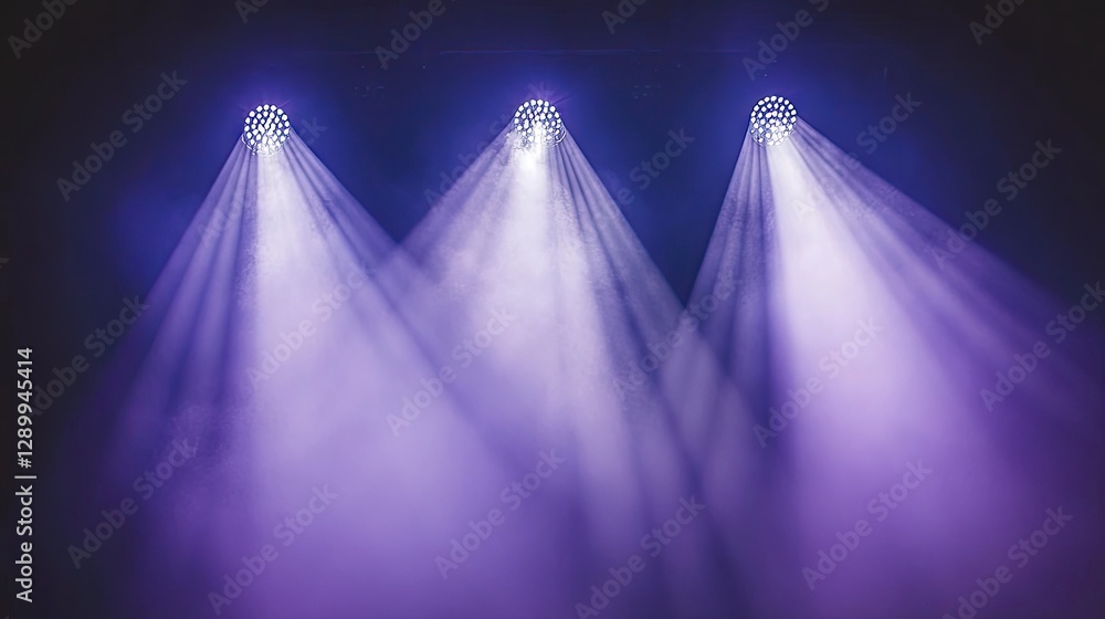 Poster purple stage lights illuminate empty space; concert backdrop; event background