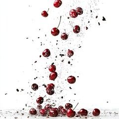 Falling cherries, powdered sugar, studio shot