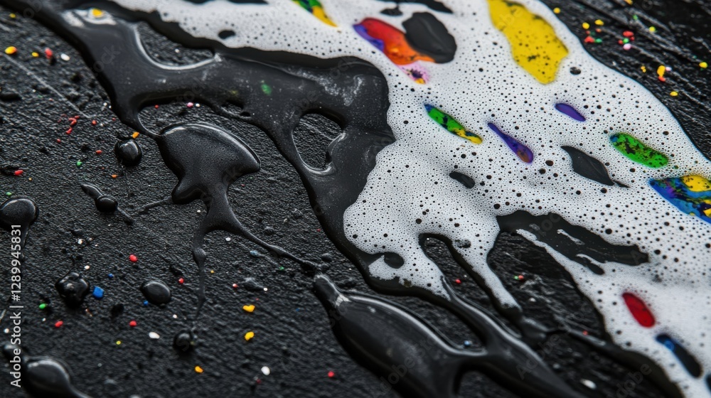 Poster abstract colorful paint drips and foam on a dark background creating a vibrant textured artwork