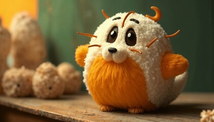 Obraz premium Cute plush creature with big eyes and fluffy fur on rustic wooden shelf