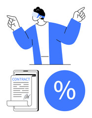 Man wearing VR headset pointing upwards, next to digital contract on a tablet and large percentage symbol. Ideal for technology, digital transformation, contracts, virtual reality, finance, business