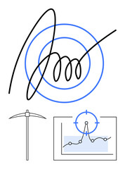 Abstract spiral overlaying concentric circles with a pickaxe and graph data analysis. Ideal for analytics, mining, exploration, decision-making, strategy, progress, abstract line flat metaphor
