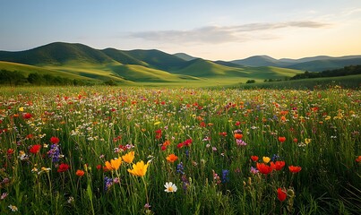 Vibrant wildflower field with rolling hills under a clear sky at sunset.