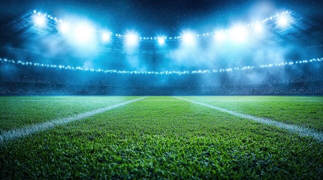 Under a canopy of twinkling stars, a vast, illuminated soccer stadium unfolds, its verdant pitch bathed in a kaleidoscope of stadium lights that pierce the darkness, creating a breathtaking 