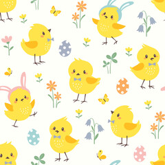 Easter vector seamless pattern with cute little chicks, Easter eggs and spring flowers in pastel colors on white background.