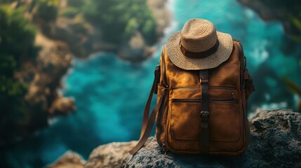 Backpack resting on a rock with a hat placed on top in an outdoor setting
