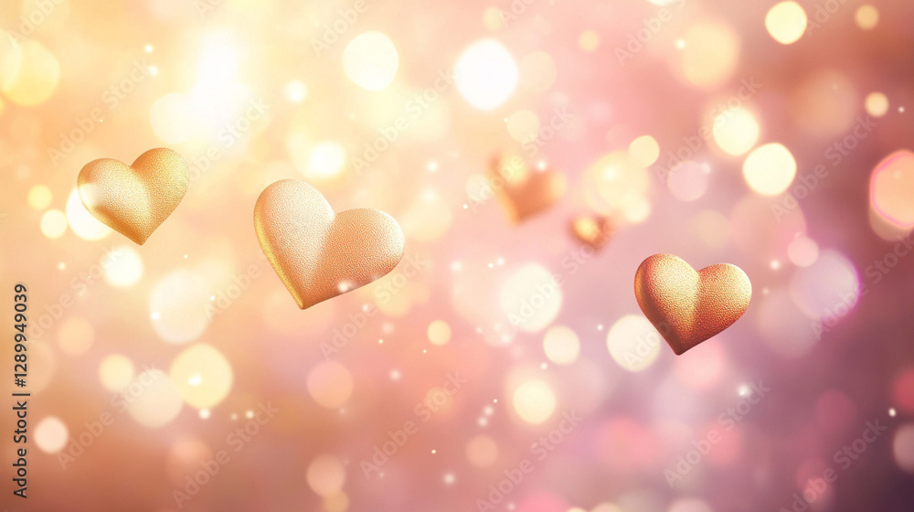 Poster abstract golden hearts floating on a soft, bokeh background.
